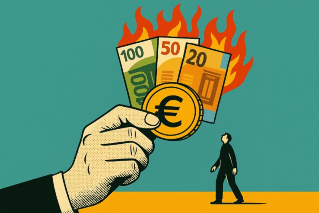 Illustrazioni mano dello stato che da soldi al lavoratore che bruciano: aumento dello stipendio che rischia di andare in fumo