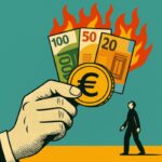 Illustrazioni mano dello stato che da soldi al lavoratore che bruciano: aumento dello stipendio che rischia di andare in fumo