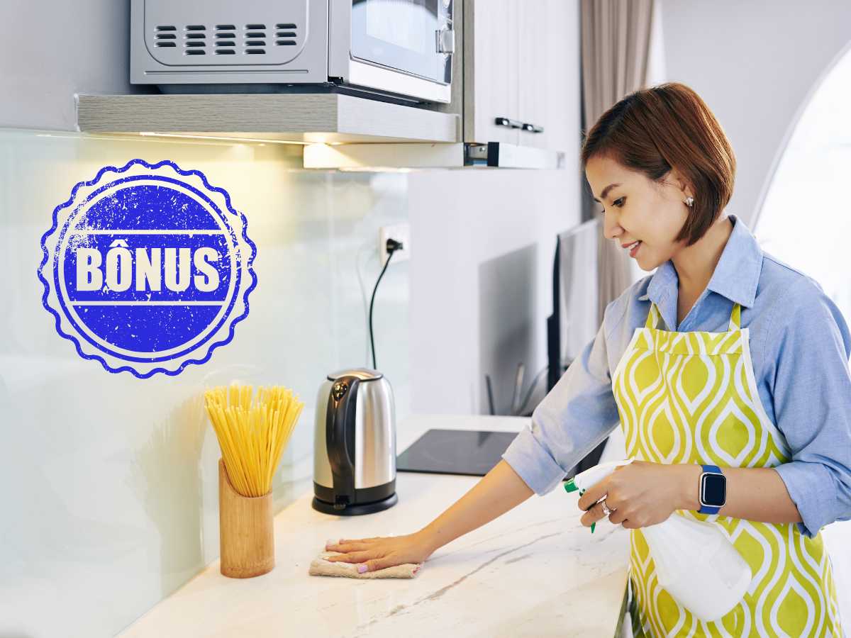 casalinga che pulisce cucina e grafica bonus